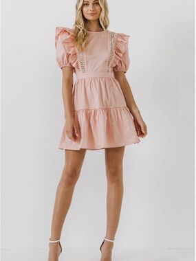 English Factory Blush Pink Ruffle Sleeve Mini Dress